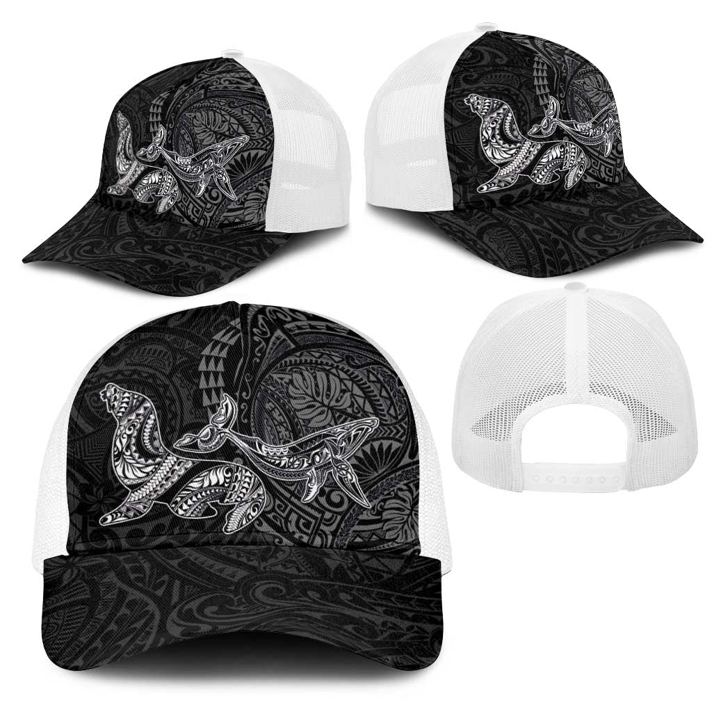 Hawaiian Monk Seal and Whale Mesh Trucker Cap Kakau Tribal Pattern Grayscale