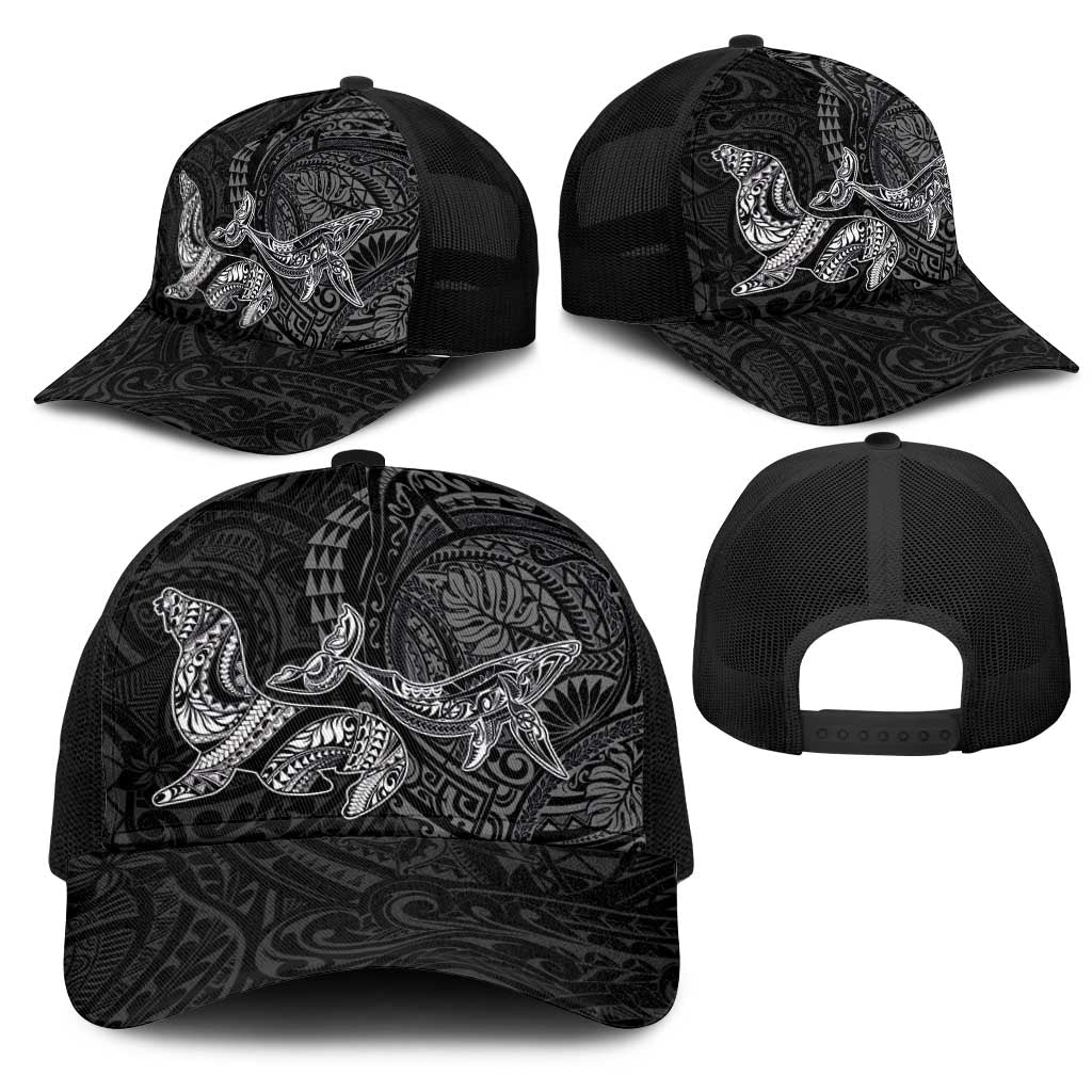 Hawaiian Monk Seal and Whale Mesh Trucker Cap Kakau Tribal Pattern Grayscale