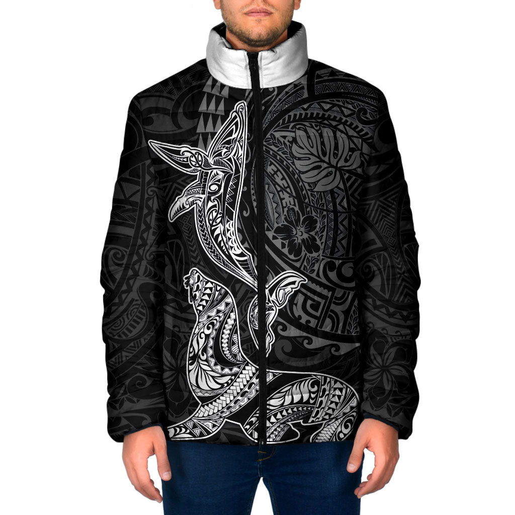 Hawaiian Monk Seal and Whale Padded Jacket Kakau Tribal Pattern Grayscale