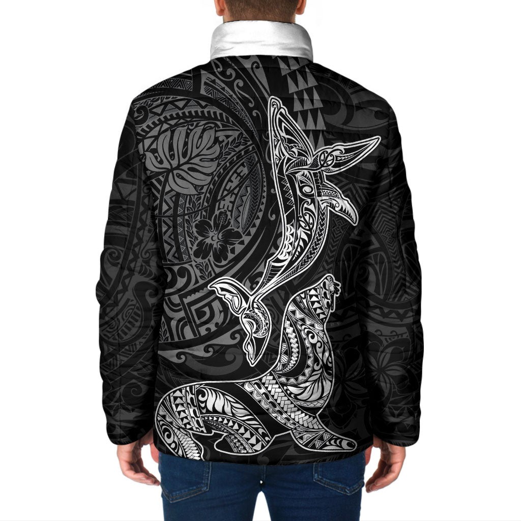 Hawaiian Monk Seal and Whale Padded Jacket Kakau Tribal Pattern Grayscale