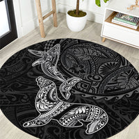 Hawaiian Monk Seal and Whale Round Carpet Kakau Tribal Pattern Grayscale