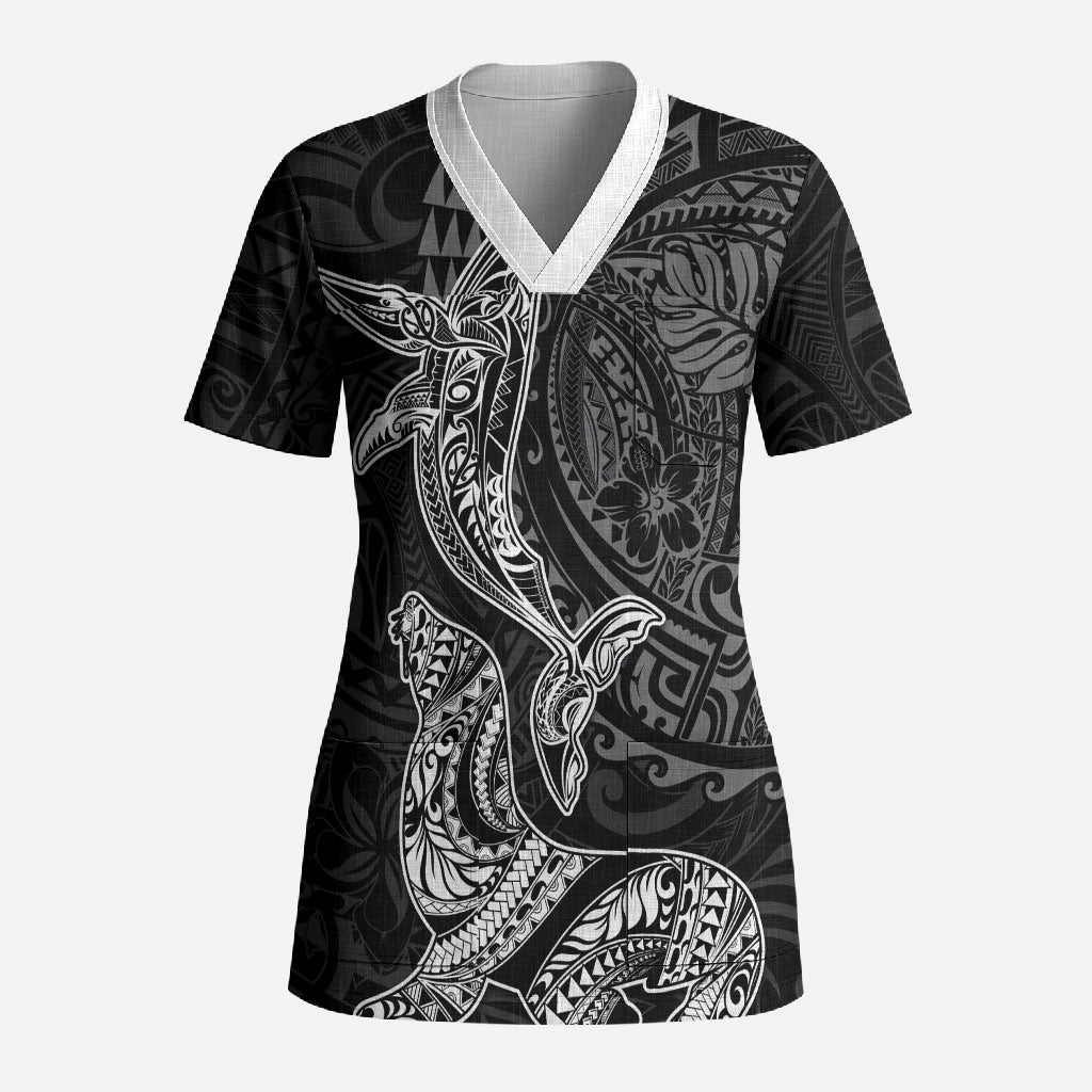 Hawaiian Monk Seal and Whale Scrub Top Kakau Tribal Pattern Grayscale