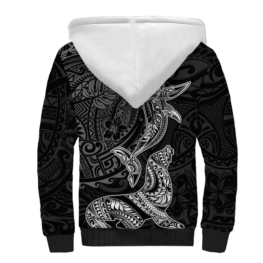 Hawaiian Monk Seal and Whale Sherpa Hoodie Kakau Tribal Pattern Grayscale