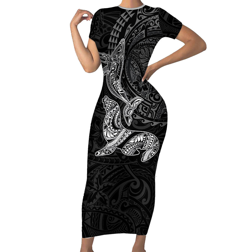 Hawaiian Monk Seal and Whale Short Sleeve Bodycon Dress Kakau Tribal Pattern Grayscale