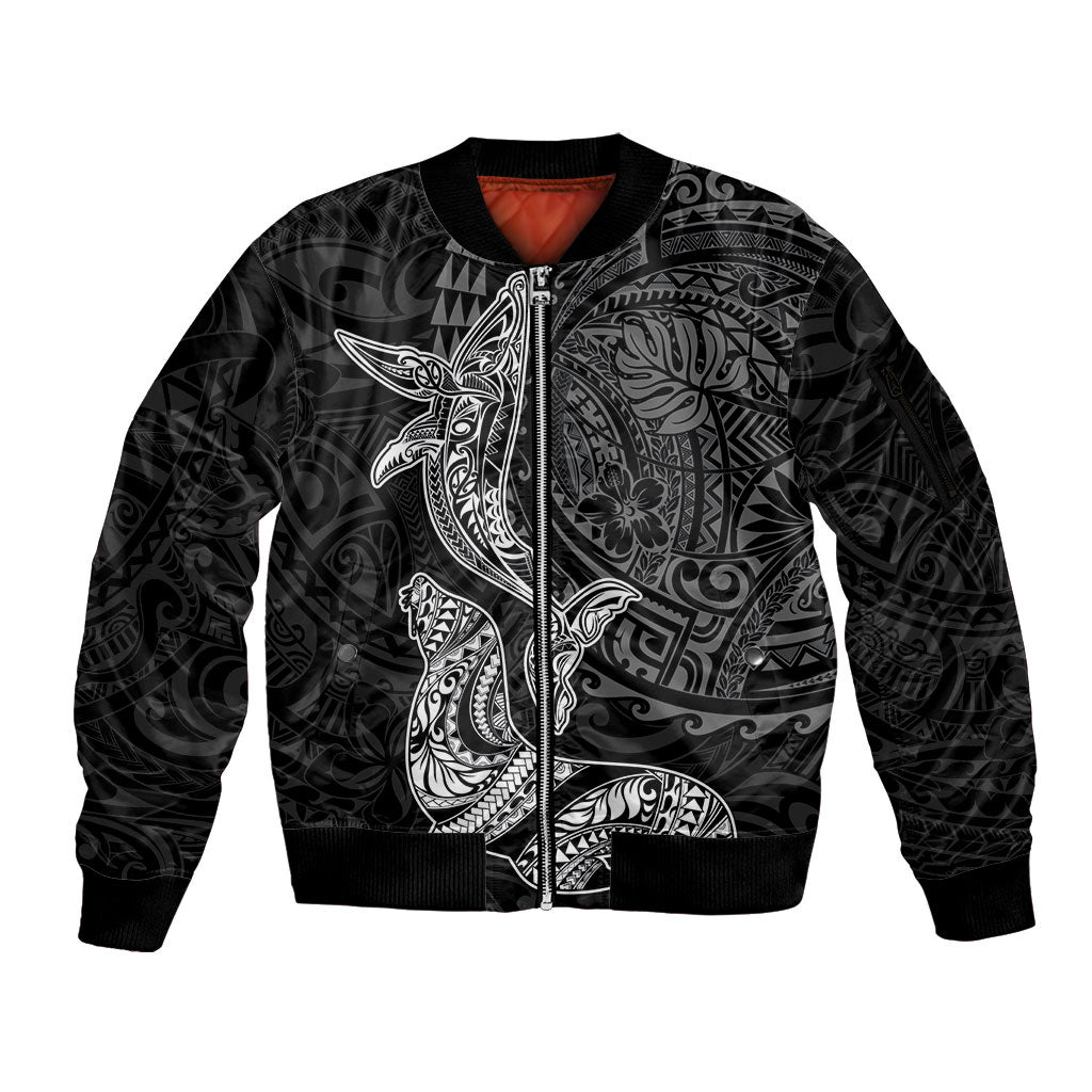 Hawaiian Monk Seal and Whale Sleeve Zip Bomber Jacket Kakau Tribal Pattern Grayscale