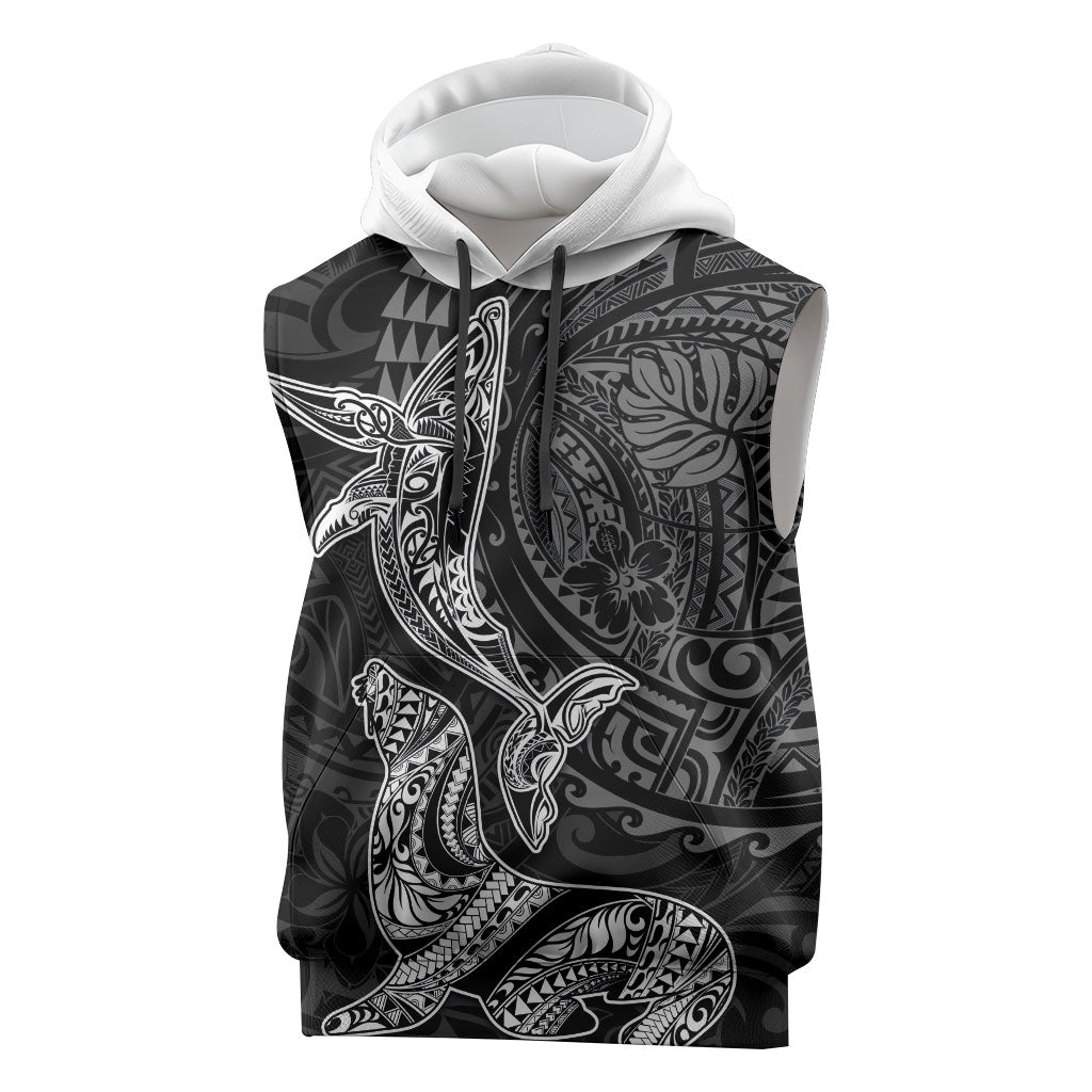 Hawaiian Monk Seal and Whale Sleeveless Hoodie Kakau Tribal Pattern Grayscale