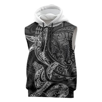 Hawaiian Monk Seal and Whale Sleeveless Hoodie Kakau Tribal Pattern Grayscale
