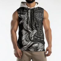Hawaiian Monk Seal and Whale Sleeveless Hoodie Kakau Tribal Pattern Grayscale