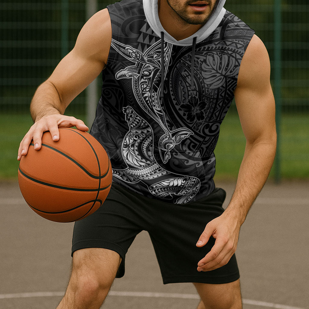 Hawaiian Monk Seal and Whale Sleeveless Hoodie Kakau Tribal Pattern Grayscale