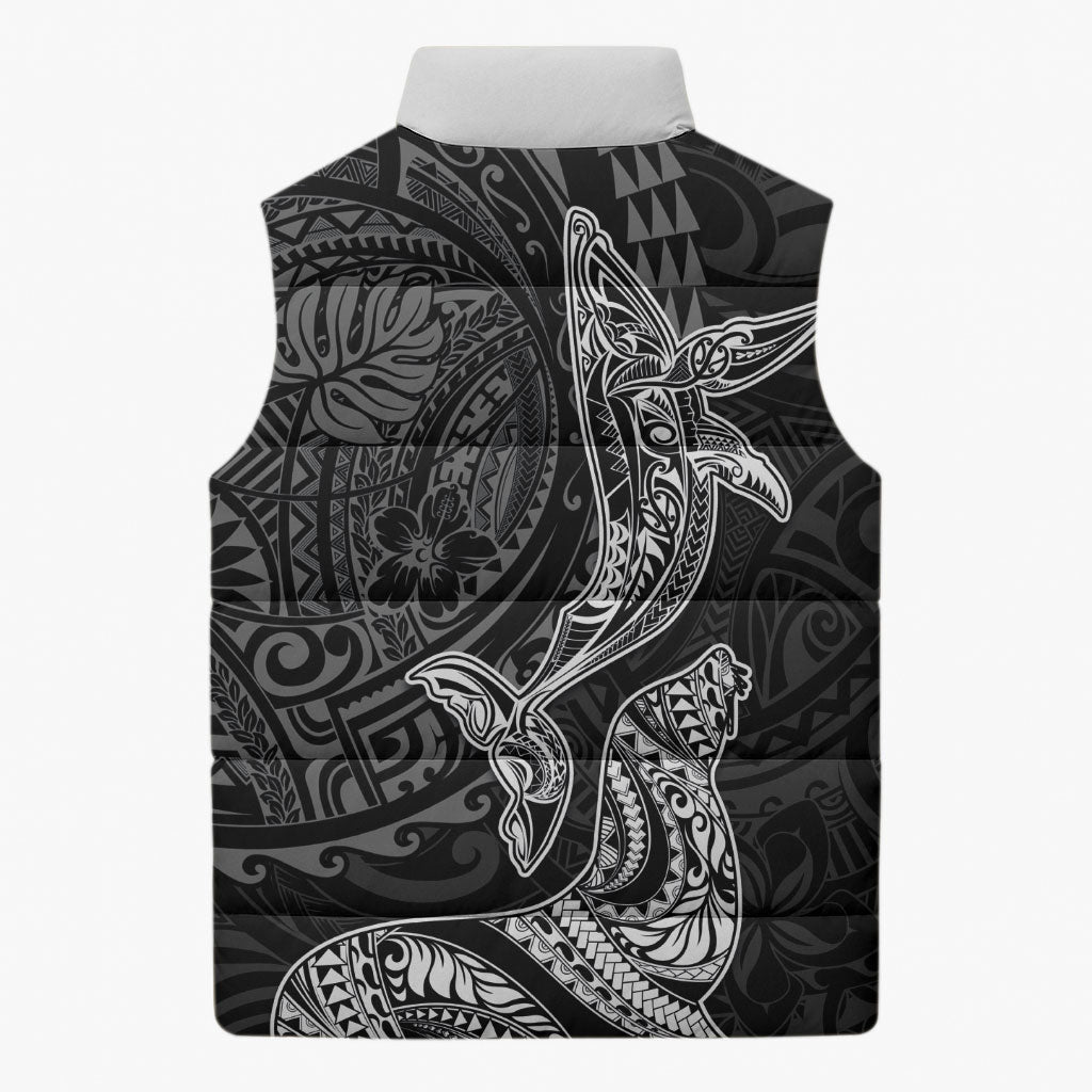 Hawaiian Monk Seal and Whale Sleeveless Puffer Jacket Kakau Tribal Pattern Grayscale