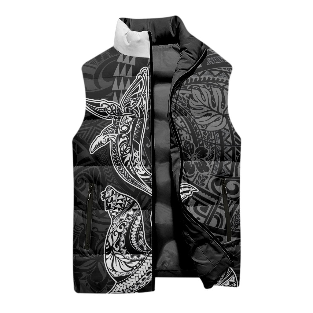 Hawaiian Monk Seal and Whale Sleeveless Puffer Jacket Kakau Tribal Pattern Grayscale