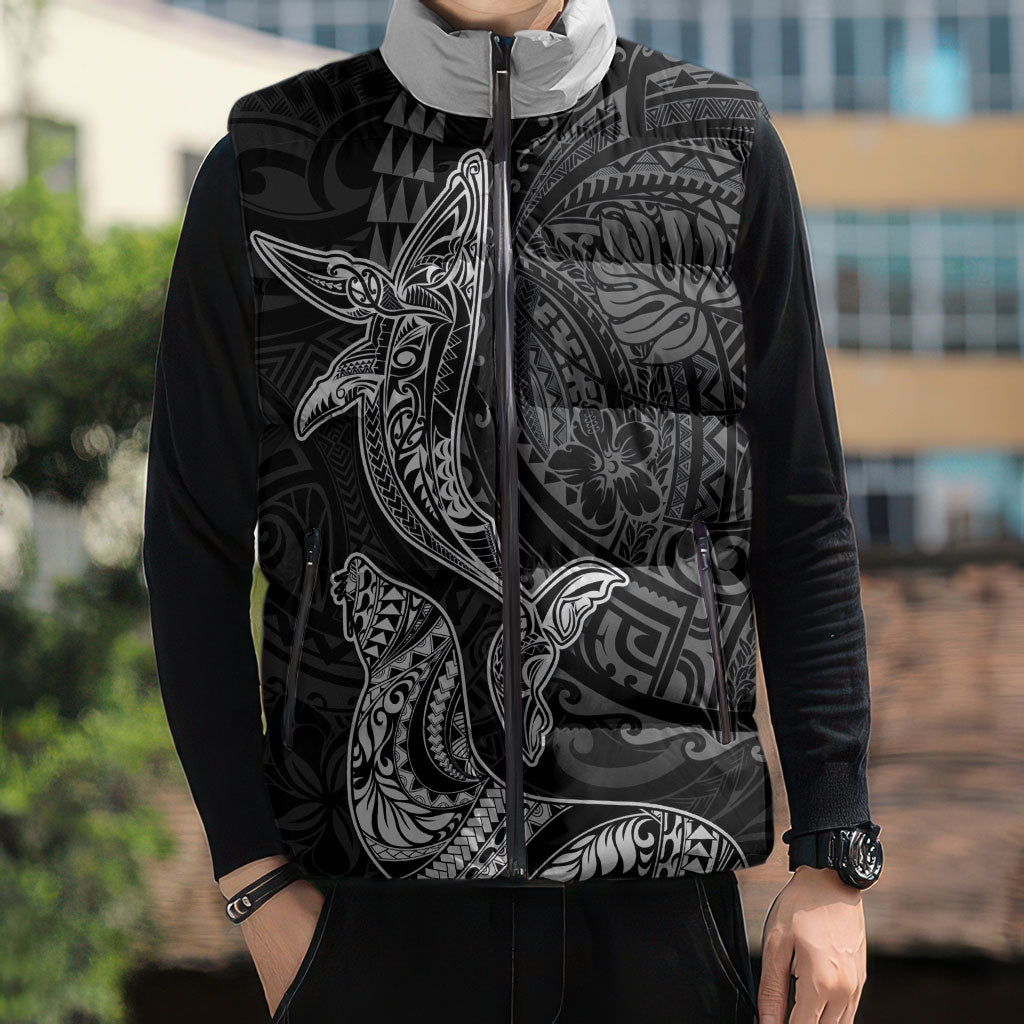 Hawaiian Monk Seal and Whale Sleeveless Puffer Jacket Kakau Tribal Pattern Grayscale