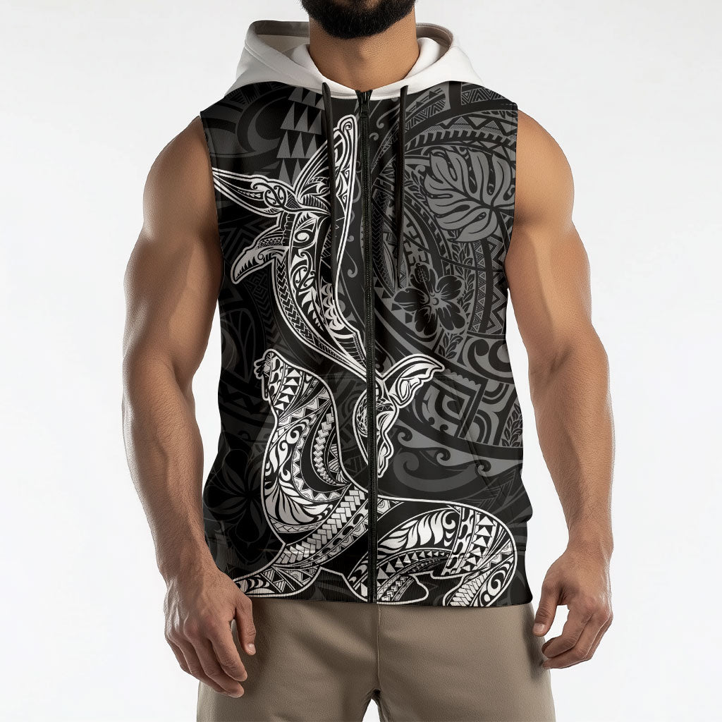 Hawaiian Monk Seal and Whale Sleeveless Zip Hoodie Kakau Tribal Pattern Grayscale