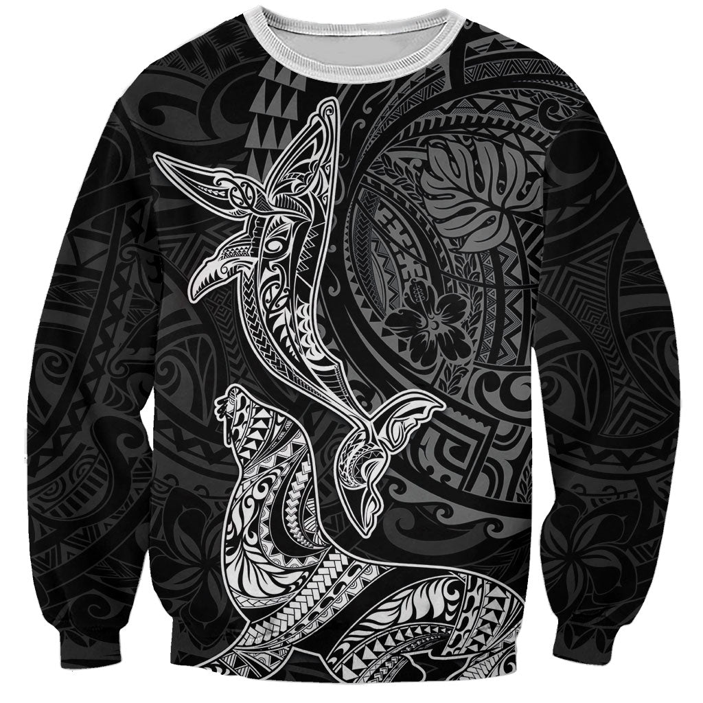 Hawaiian Monk Seal and Whale Sweatshirt Kakau Tribal Pattern Grayscale