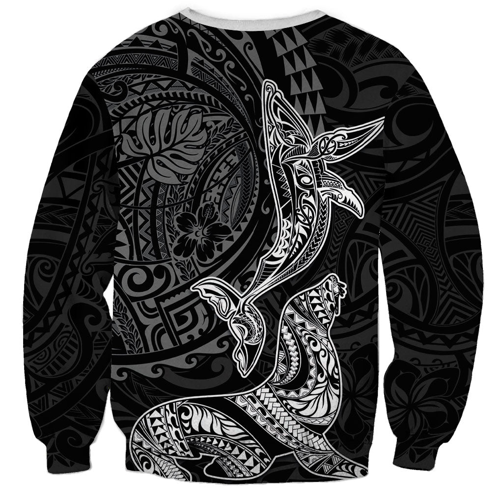 Hawaiian Monk Seal and Whale Sweatshirt Kakau Tribal Pattern Grayscale