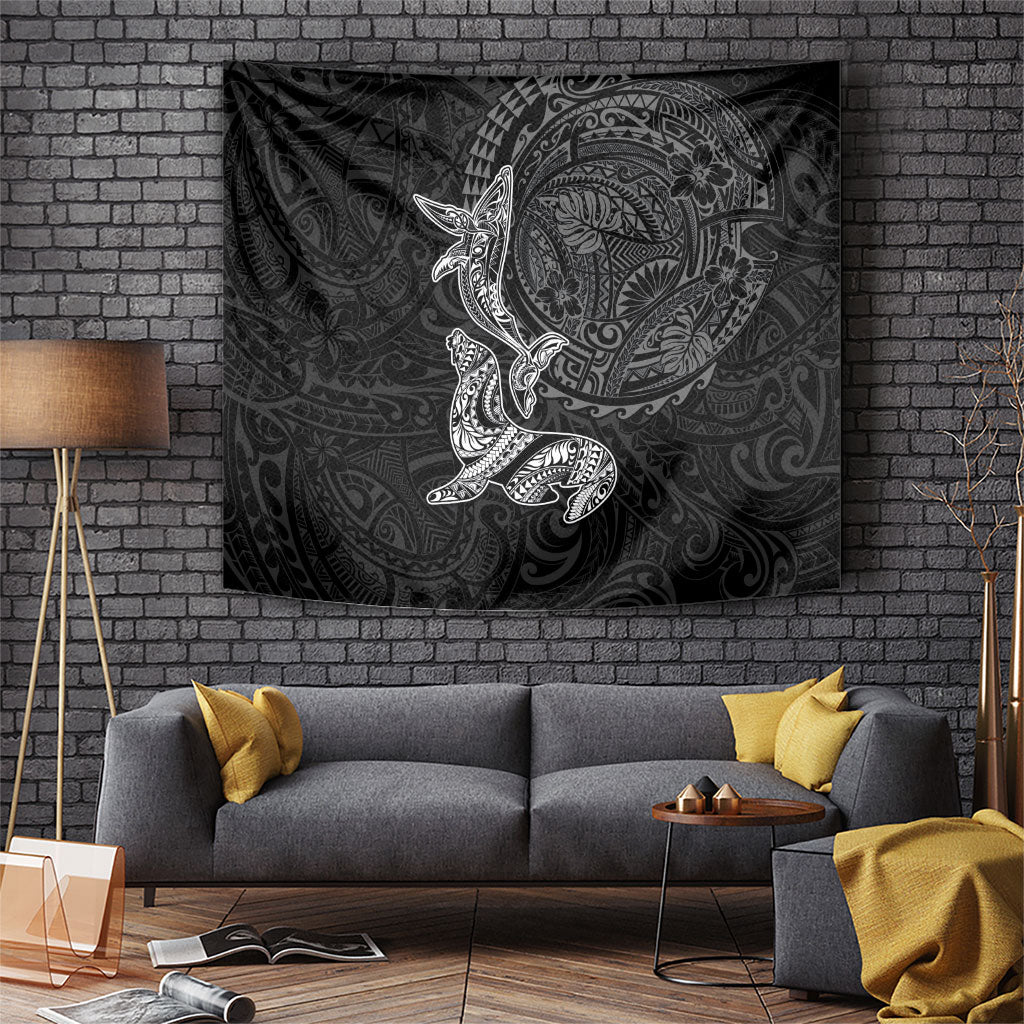 Hawaiian Monk Seal and Whale Tapestry Kakau Tribal Pattern Grayscale