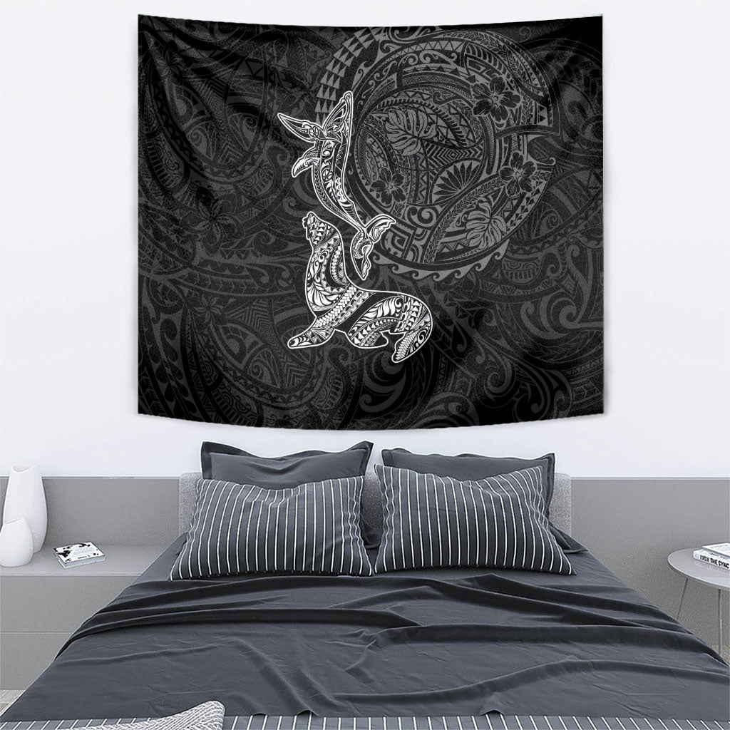 Hawaiian Monk Seal and Whale Tapestry Kakau Tribal Pattern Grayscale