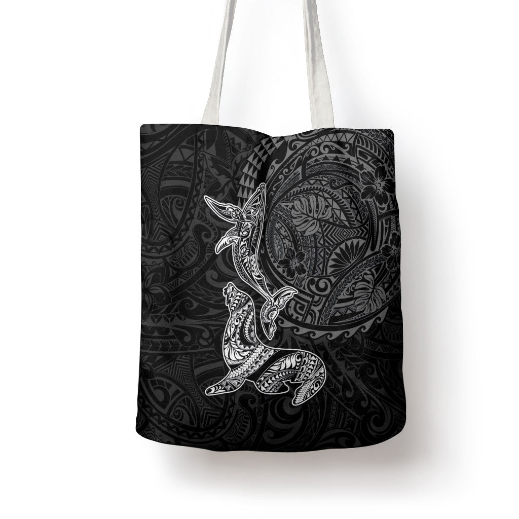 Hawaiian Monk Seal and Whale Tote Bag Kakau Tribal Pattern Grayscale