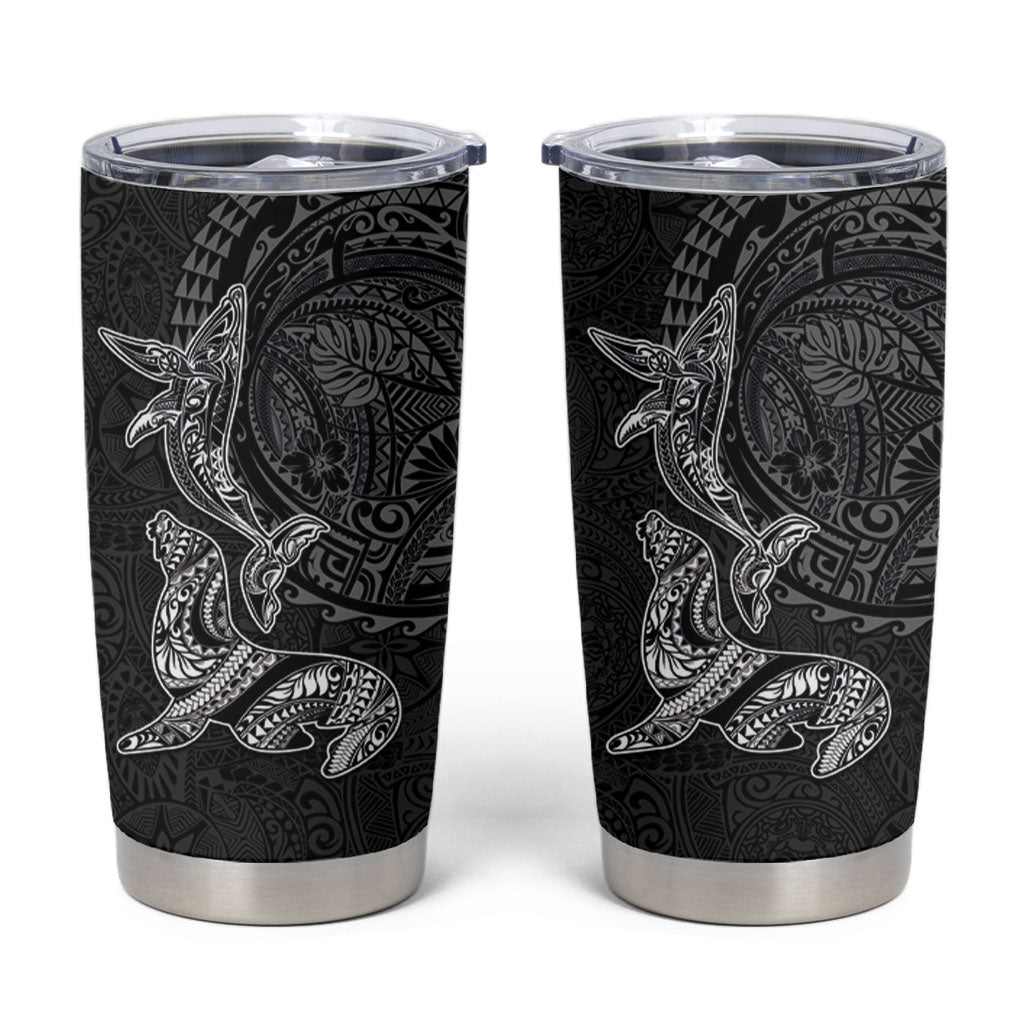 Hawaiian Monk Seal and Whale Tumbler Cup Kakau Tribal Pattern Grayscale LT03 Black - Polynesian Pride