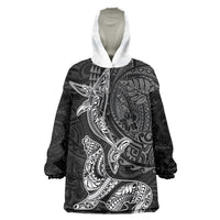 Hawaiian Monk Seal and Whale Wearable Blanket Hoodie Kakau Tribal Pattern Grayscale