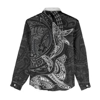 Hawaiian Monk Seal and Whale Women Casual Shirt Kakau Tribal Pattern Grayscale