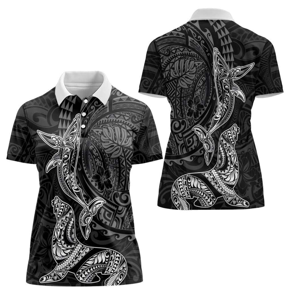 Hawaiian Monk Seal and Whale Women Polo Shirt Kakau Tribal Pattern Grayscale