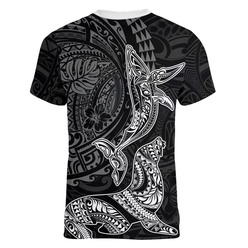 Hawaiian Monk Seal and Whale Women V-Neck T-Shirt Kakau Tribal Pattern Grayscale LT03 - Polynesian Pride