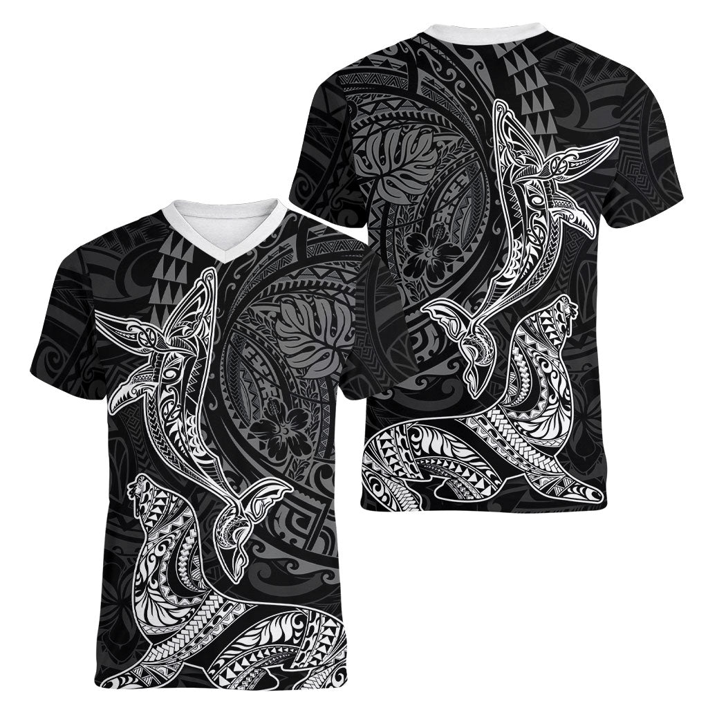 Hawaiian Monk Seal and Whale Women V-Neck T-Shirt Kakau Tribal Pattern Grayscale LT03 - Polynesian Pride
