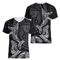 Hawaiian Monk Seal and Whale Women V-Neck T-Shirt Kakau Tribal Pattern Grayscale LT03 - Polynesian Pride