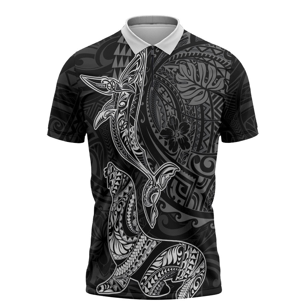 Hawaiian Monk Seal and Whale Zipper Polo Shirt Kakau Tribal Pattern Grayscale