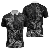 Hawaiian Monk Seal and Whale Zipper Polo Shirt Kakau Tribal Pattern Grayscale