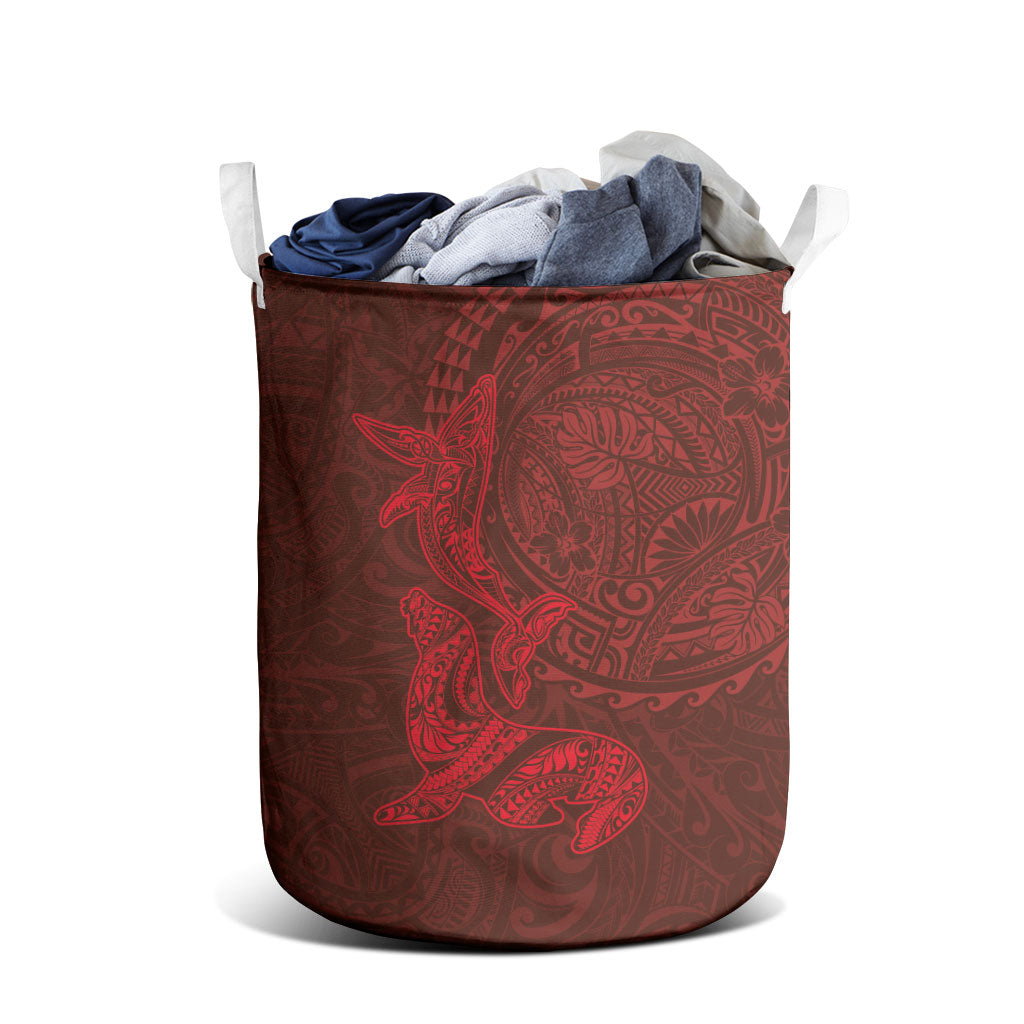 Hawaiian Monk Seal and Whale Laundry Basket Kakau Tribal Pattern Red Color