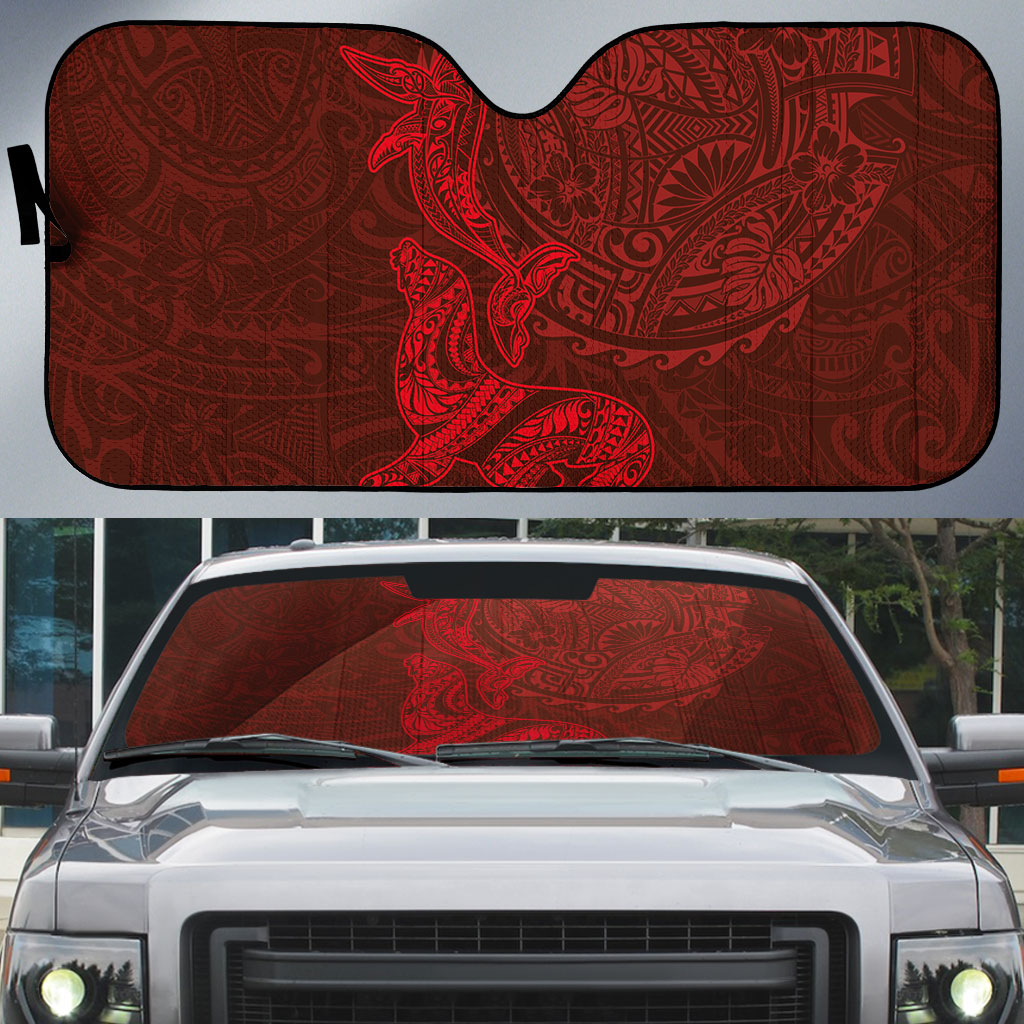 Hawaiian Monk Seal and Whale Auto Sun Shade Kakau Tribal Pattern Red Color