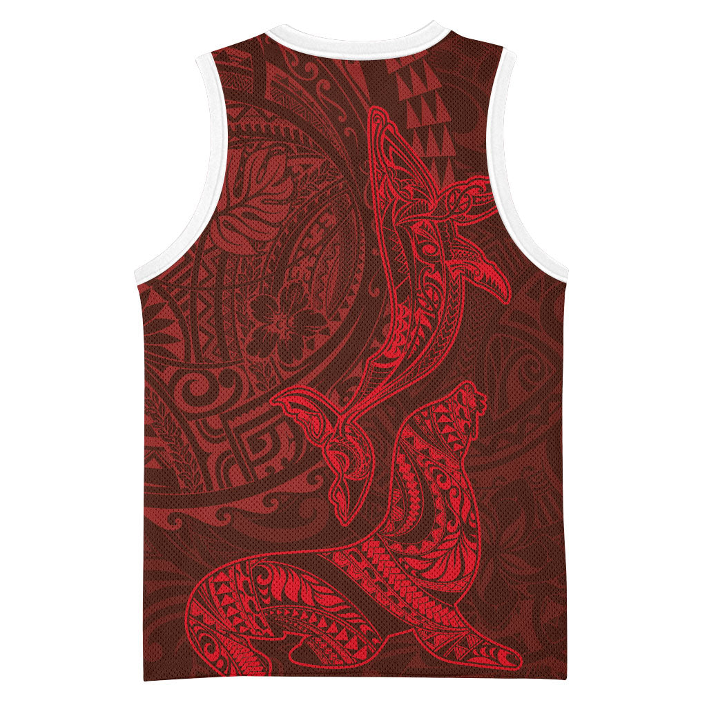 Hawaiian Monk Seal and Whale Basketball Jersey Kakau Tribal Pattern Red Color