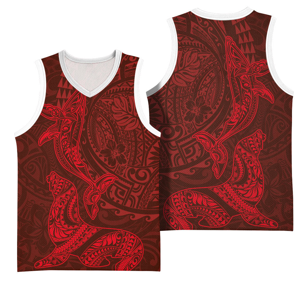Hawaiian Monk Seal and Whale Basketball Jersey Kakau Tribal Pattern Red Color