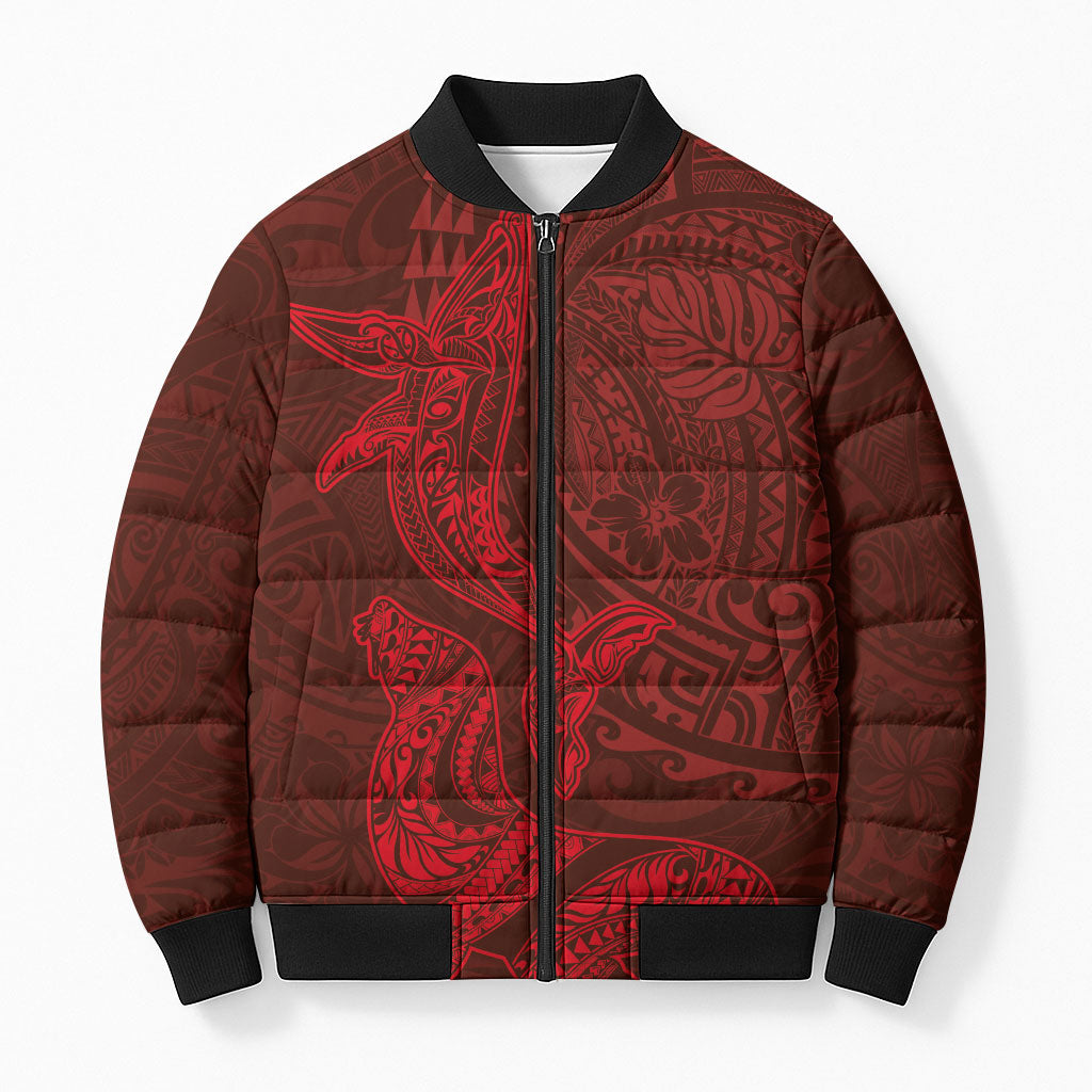 Hawaiian Monk Seal and Whale Bomber Puffer Jacket Kakau Tribal Pattern Red Color