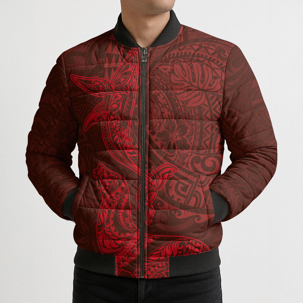 Hawaiian Monk Seal and Whale Bomber Puffer Jacket Kakau Tribal Pattern Red Color