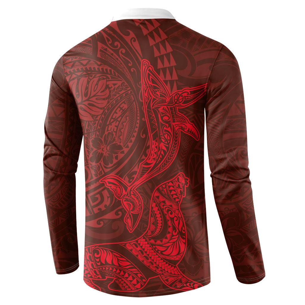 Hawaiian Monk Seal and Whale Button Sweatshirt Kakau Tribal Pattern Red Color