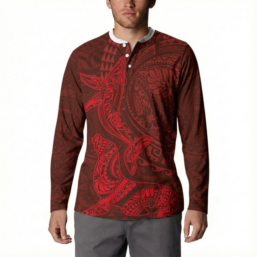 Hawaiian Monk Seal and Whale Button Sweatshirt Kakau Tribal Pattern Red Color