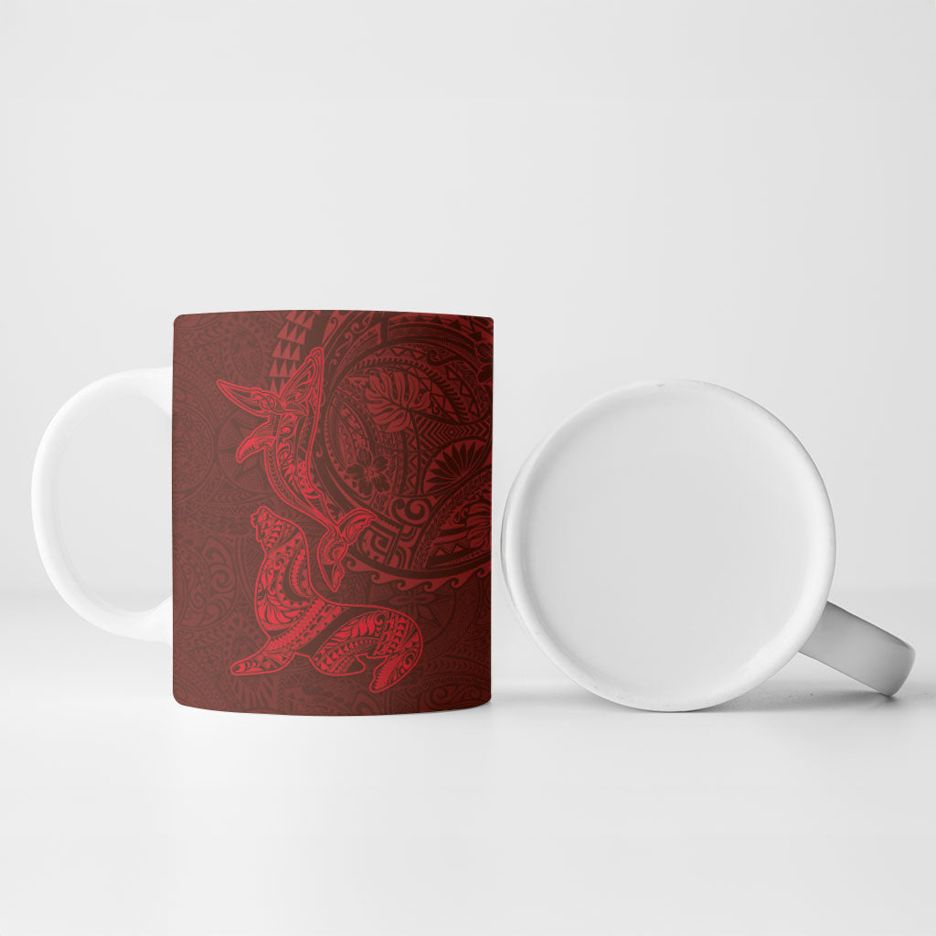 Hawaiian Monk Seal and Whale Ceramic Mug Kakau Tribal Pattern Red Color