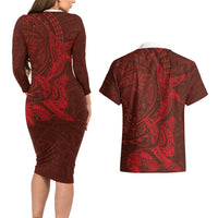 Hawaiian Monk Seal and Whale Couples Matching Long Sleeve Bodycon Dress and Hawaiian Shirt Kakau Tribal Pattern Red Color