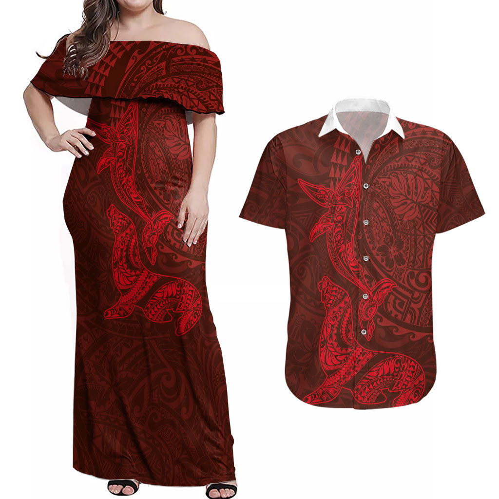 Hawaiian Monk Seal and Whale Couples Matching Off Shoulder Maxi Dress and Hawaiian Shirt Kakau Tribal Pattern Red Color