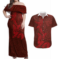 Hawaiian Monk Seal and Whale Couples Matching Off Shoulder Maxi Dress and Hawaiian Shirt Kakau Tribal Pattern Red Color