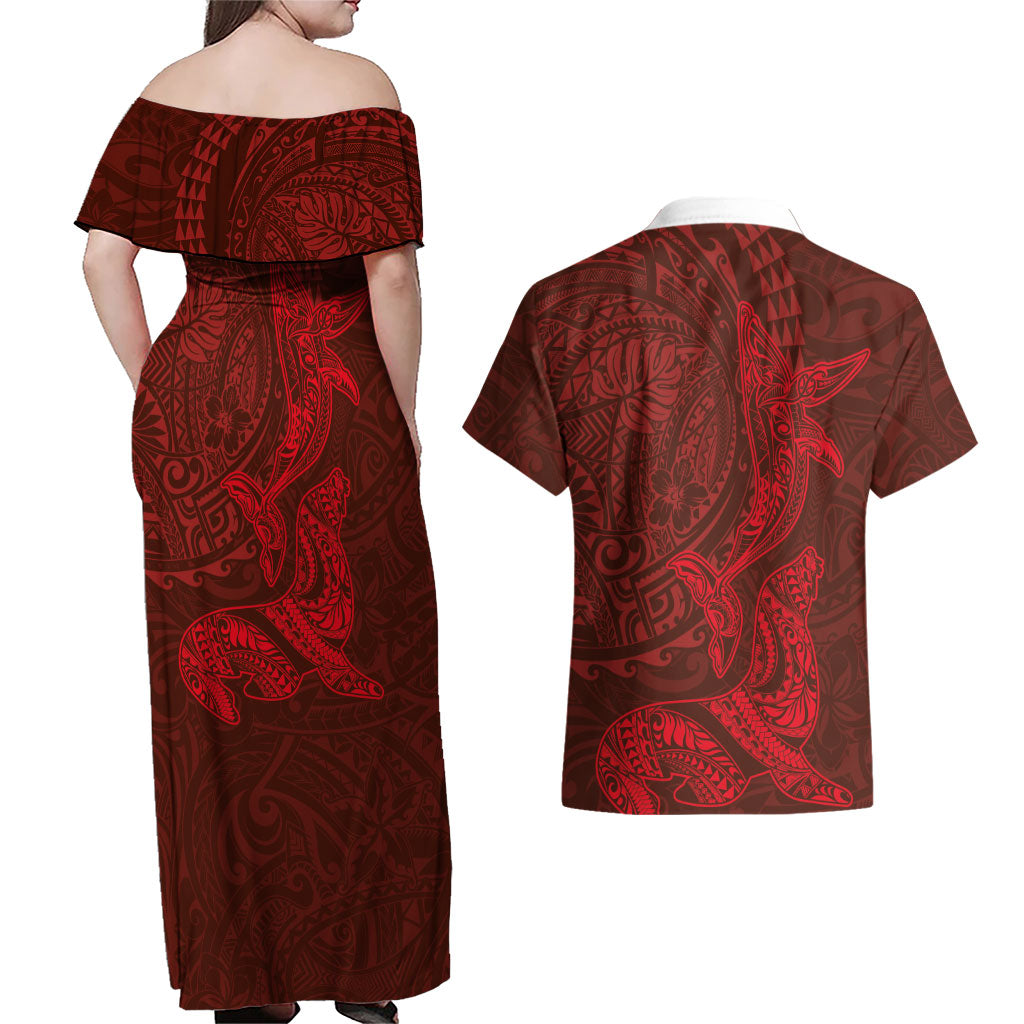 Hawaiian Monk Seal and Whale Couples Matching Off Shoulder Maxi Dress and Hawaiian Shirt Kakau Tribal Pattern Red Color