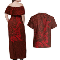 Hawaiian Monk Seal and Whale Couples Matching Off Shoulder Maxi Dress and Hawaiian Shirt Kakau Tribal Pattern Red Color
