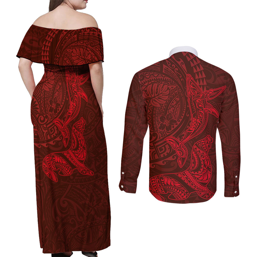Hawaiian Monk Seal and Whale Couples Matching Off Shoulder Maxi Dress and Long Sleeve Button Shirt Kakau Tribal Pattern Red Color