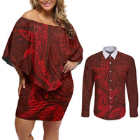 Hawaiian Monk Seal and Whale Couples Matching Off Shoulder Short Dress and Long Sleeve Button Shirt Kakau Tribal Pattern Red Color