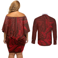 Hawaiian Monk Seal and Whale Couples Matching Off Shoulder Short Dress and Long Sleeve Button Shirt Kakau Tribal Pattern Red Color