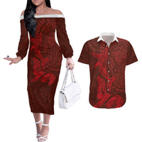 Hawaiian Monk Seal and Whale Couples Matching Off The Shoulder Long Sleeve Dress and Hawaiian Shirt Kakau Tribal Pattern Red Color LT03 Red - Polynesian Pride