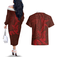 Hawaiian Monk Seal and Whale Couples Matching Off The Shoulder Long Sleeve Dress and Hawaiian Shirt Kakau Tribal Pattern Red Color LT03 - Polynesian Pride